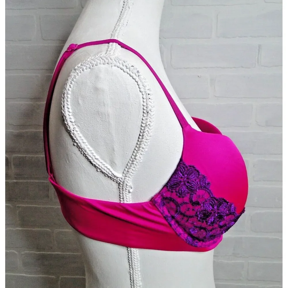 Victoria's Secret Hot‎ Pink Purple Lace Trim PUSH-UP Padded Bra 3601050 36C